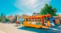 Horse driven cab in Solvang, picturesque small town in Santa Barbara County, California. Popular touristic attraction, street vie Royalty Free Stock Photo