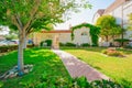 House and beautifully landscaped front yard, sunny day in Solvang, Santa Barbara County, California Royalty Free Stock Photo