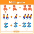 Solve math examples for addition. Educational game for kids. Fold toys: bear, rocket, ship.