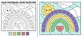 Solve the problem, color the picture. Cute rainbow with sun and clouds in the sky. Coloring book. Vector. Royalty Free Stock Photo