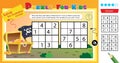 Solve the sudoku puzzle and find the pirate treasure. Logic puzzle for kids. Education game for children. Worksheet vector design