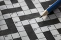 Solving a crossword puzzle with blue pencil Royalty Free Stock Photo