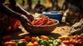 Solving hunger in Africa. Africa Hunger Crisis. People in Africa face acute food insecurity. African people hands with local foods Royalty Free Stock Photo