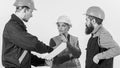 Solving problems concept. Builder and engineer found out