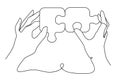 Solving puzzle. Human hands connecting jigsaw pieces, find solution continuous one line vector illustration