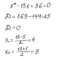 Solving a quadratic equation by task scheme.Finding roots.Algebra background. Education,getting classes,school program. Higher