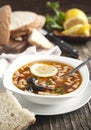 Solyanka, Russian soup with meat, sausage, olives and pickles Royalty Free Stock Photo