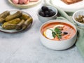 Solyanka, Russian soup with sausage, olives and capers Royalty Free Stock Photo