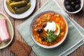 Solyanka, Russian soup with sausage, olives and capers Royalty Free Stock Photo