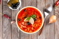 Solyanka Russian soup with sausage olives pickled cucumber and capers. Top view Royalty Free Stock Photo