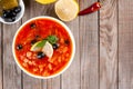 Solyanka, Russian soup with sausage, olives, pickled cucumber and capers. Top view with copy space Royalty Free Stock Photo