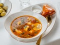 Solyanka soup with meat and olives