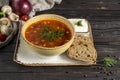 Solyanka. Traditional Russian soup made from vegetables, bacon and herbs in a ceramic plate w Royalty Free Stock Photo