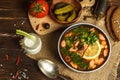 Solyanka, a thick soup with different types of meat and sausages, with the addition of gherkins, olives and lemon. On a dark Royalty Free Stock Photo