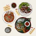 Som Tum, papaya salad and other set. hand draw sketch vector. Thai food