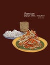 som-tum set, rice noodle and sticky rice . hand drawn sketch vector.