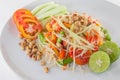 Som Tum Thai Isan Spicy Food. Closeup Thai papaya salad serve with vegetables