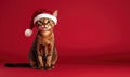 a Somali cat in a Santa hat, red background, empty space on the right side Royalty Free Stock Photo