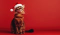 a Somali cat in a Santa hat, red background, empty space on the right side Royalty Free Stock Photo