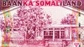 1000 Somaliland Shillings banknote, Bank of Somaliland, closeup bill fragment shows building in Hargeysa