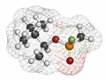 Soman nerve agent molecule (chemical weapon). Atoms are represented as spheres with conventional color coding: hydrogen (white),