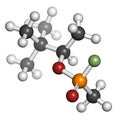 Soman nerve agent molecule, 3D rendering (chemical weapon). Atoms are represented as spheres with conventional color coding: Royalty Free Stock Photo