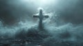 A somber and atmospheric depiction of a cross shrouded in mist, emerging from dark waters. Symbolic of hope amidst Royalty Free Stock Photo