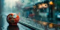 A somber Daruma doll in a reflective pose under a rain drenched window Royalty Free Stock Photo
