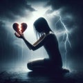 Woman Holding Broken Heart in Rain