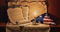 Somber patriotic digital illustration of Declaration of Independence scroll with American flag and lit candle on draped table Royalty Free Stock Photo