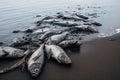 A somber view of numerous dead fish washed up along a beach, representing a significant die-off event with clear