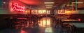 Sombre classroom with empty desks under a vivid red neon sign, emphasizing the urgent educational campaign message Prevent