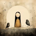 Sombre Digital Art: Girl In The Grass With Birds And Moon