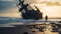 Sombre Shipwreck On Beach Stunning 8k Resolution Image