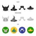 Sombrero, hat with ear-flaps, helmet of the viking.Hats set collection icons in black, flat, monochrome style vector