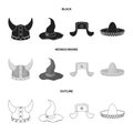 Sombrero, hat with ear-flaps, helmet of the viking.Hats set collection icons in black,monochrome,outline style vector