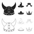 Sombrero, hat with ear-flaps, helmet of the viking.Hats set collection icons in black,outline style vector symbol stock