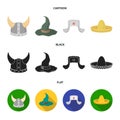 Sombrero, hat with ear-flaps, helmet of the viking.Hats set collection icons in cartoon,black,flat style vector symbol