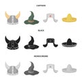 Sombrero, hat with ear-flaps, helmet of the viking.Hats set collection icons in cartoon,black,monochrome style vector