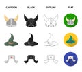 Sombrero, hat with ear-flaps, helmet of the viking.Hats set collection icons in cartoon,black,outline,flat style vector Royalty Free Stock Photo