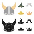 Sombrero, hat with ear-flaps, helmet of the viking.Hats set collection icons in cartoon,black style vector symbol stock Royalty Free Stock Photo