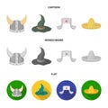 Sombrero, hat with ear-flaps, helmet of the viking.Hats set collection icons in cartoon,flat,monochrome style vector