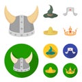 Sombrero, hat with ear-flaps, helmet of the viking.Hats set collection icons in cartoon,flat style vector symbol stock Royalty Free Stock Photo