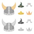 Sombrero, hat with ear-flaps, helmet of the viking.Hats set collection icons in cartoon,monochrome style vector symbol