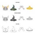 Sombrero, hat with ear-flaps, helmet of the viking.Hats set collection icons in cartoon,outline,monochrome style vector Royalty Free Stock Photo