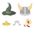 Sombrero, hat with ear-flaps, helmet of the viking.Hats set collection icons in cartoon style vector symbol stock Royalty Free Stock Photo