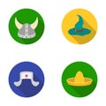 Sombrero, hat with ear-flaps, helmet of the viking.Hats set collection icons in flat style vector symbol stock