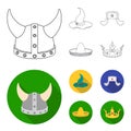 Sombrero, hat with ear-flaps, helmet of the viking.Hats set collection icons in outline,flat style vector symbol stock