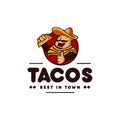 Sombrero hat mexican holding tacos mexican restaurant logo mascot hipster vintage retro character cartoon illustration