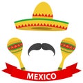 Sombrero, whiskers and maracas. Mexican set, Mexican clothes. Royalty Free Stock Photo